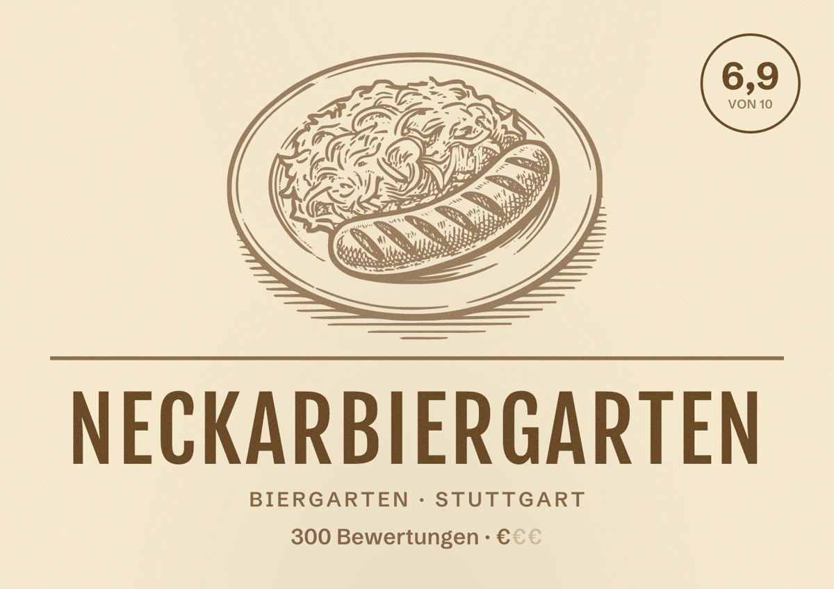 Illustriertes Poster von Neckarbiergarten, Biergarten in Stuttgart: Bewertung 6,9 von 10 aus 300 Bewertungen, Preisniveau €