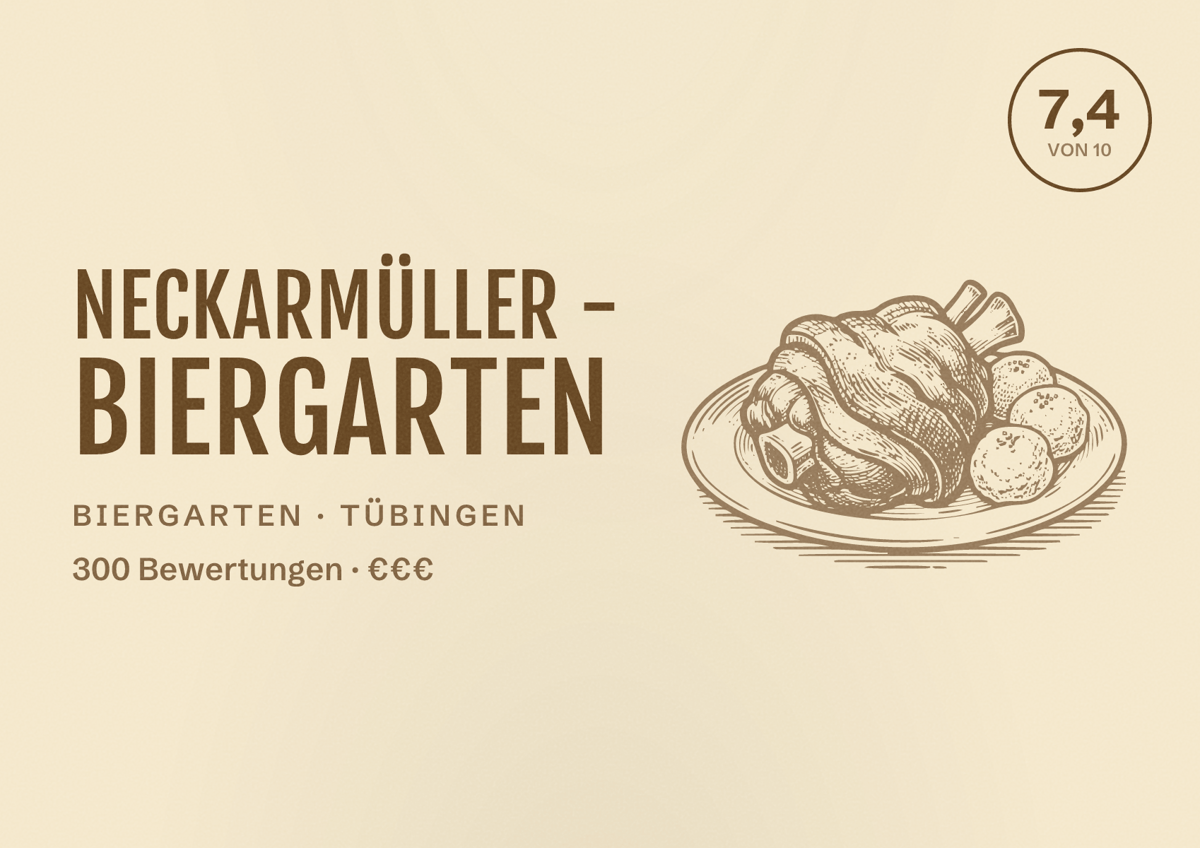 Illustriertes Poster von Neckarmüller - Biergarten, Biergarten in Tübingen: Bewertung 7,4 von 10 aus 300 Bewertungen, Preisniveau €€€