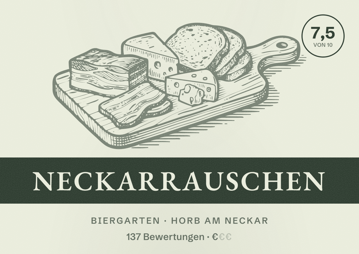 Illustriertes Poster von Neckarrauschen, Biergarten in Horb am Neckar: Bewertung 7,5 von 10 aus 137 Bewertungen, Preisniveau €