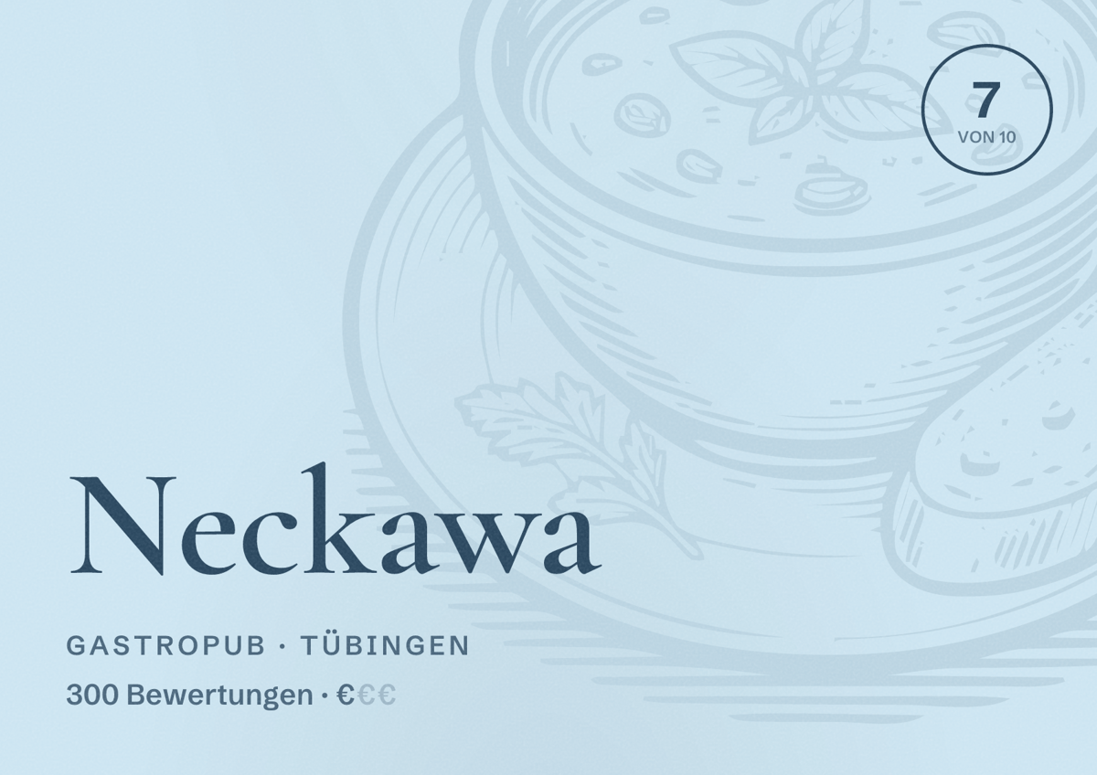 Illustriertes Poster von Neckawa, Gastropub in Tübingen: Bewertung 7 von 10 aus 300 Bewertungen, Preisniveau €