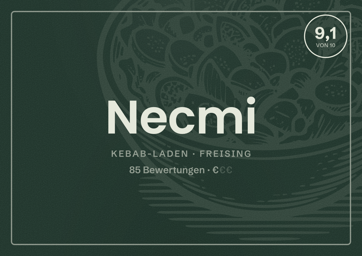Illustriertes Poster von Necmi, Kebab-Laden in Freising: Bewertung 9,1 von 10 aus 85 Bewertungen, Preisniveau €