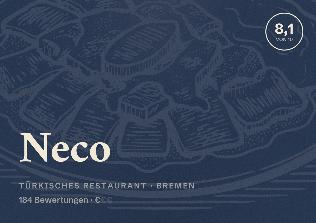 Illustriertes Poster von Neco, Türkisches Restaurant in Bremen: Bewertung 8,1 von 10 aus 184 Bewertungen, Preisniveau €