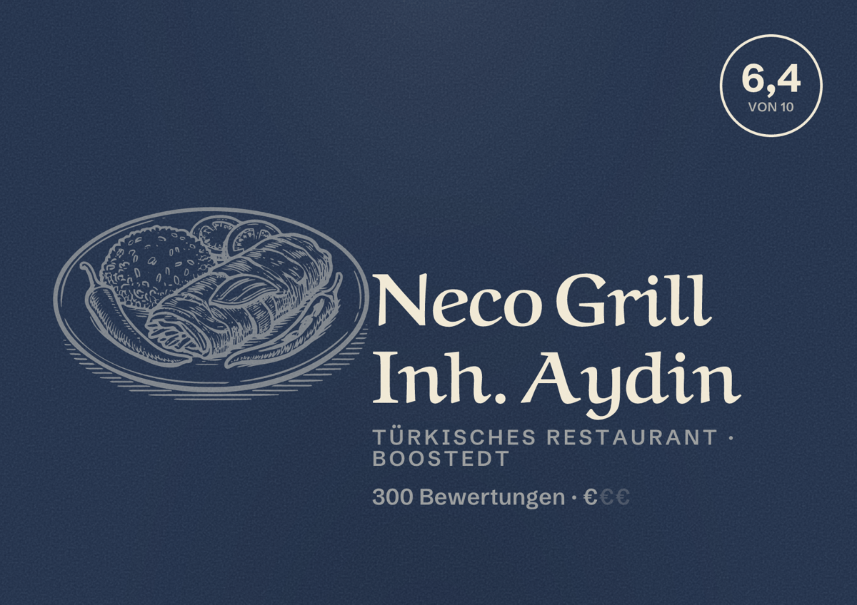 Illustriertes Poster von Neco Grill Inh. Aydin, Türkisches Restaurant in Boostedt: Bewertung 6,4 von 10 aus 300 Bewertungen, Preisniveau €