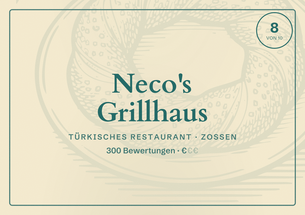 Illustriertes Poster von Neco's Grillhaus, Türkisches Restaurant in Zossen: Bewertung 8 von 10 aus 300 Bewertungen, Preisniveau €