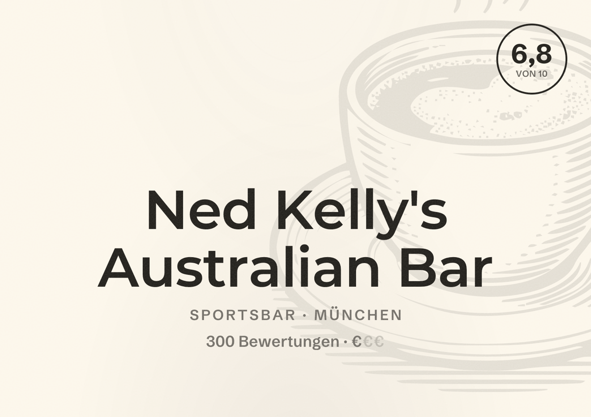 Illustriertes Poster von Ned Kelly's Australian Bar, Sportsbar in München: Bewertung 6,8 von 10 aus 300 Bewertungen, Preisniveau €