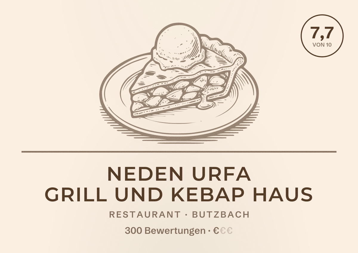 Illustriertes Poster von Neden Urfa Grill und Kebap Haus, Restaurant in Butzbach: Bewertung 7,7 von 10 aus 300 Bewertungen, Preisniveau €
