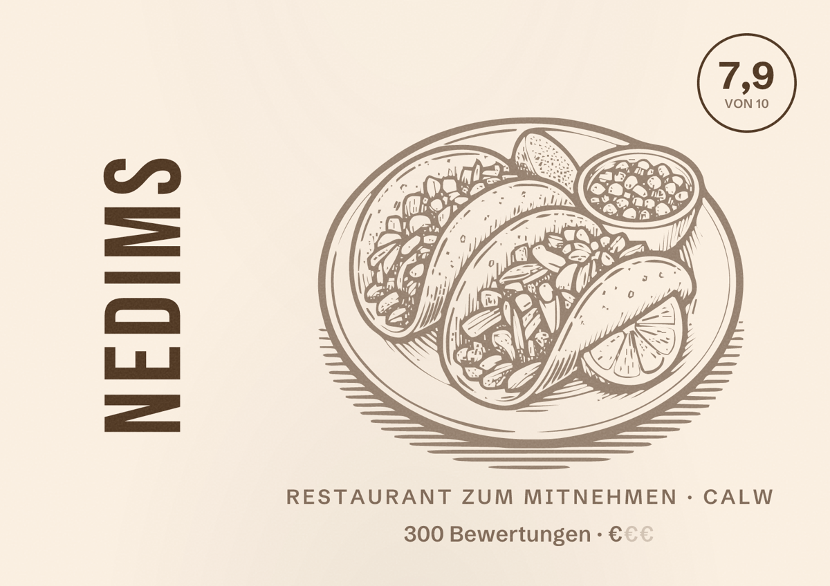 Illustriertes Poster von Nedims, Restaurant zum Mitnehmen in Calw: Bewertung 7,9 von 10 aus 300 Bewertungen, Preisniveau €