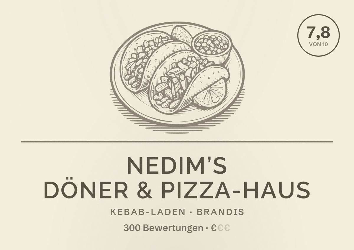 Illustriertes Poster von Nedim’s Döner & Pizza-Haus, Kebab-Laden in Brandis: Bewertung 7,8 von 10 aus 300 Bewertungen, Preisniveau €