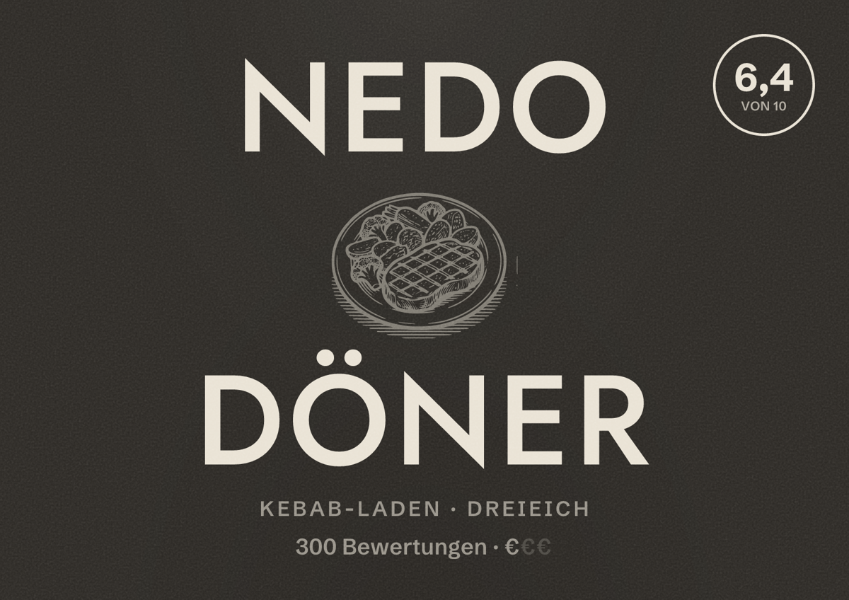 Illustriertes Poster von Nedo Döner, Kebab-Laden in Dreieich: Bewertung 6,4 von 10 aus 300 Bewertungen, Preisniveau €