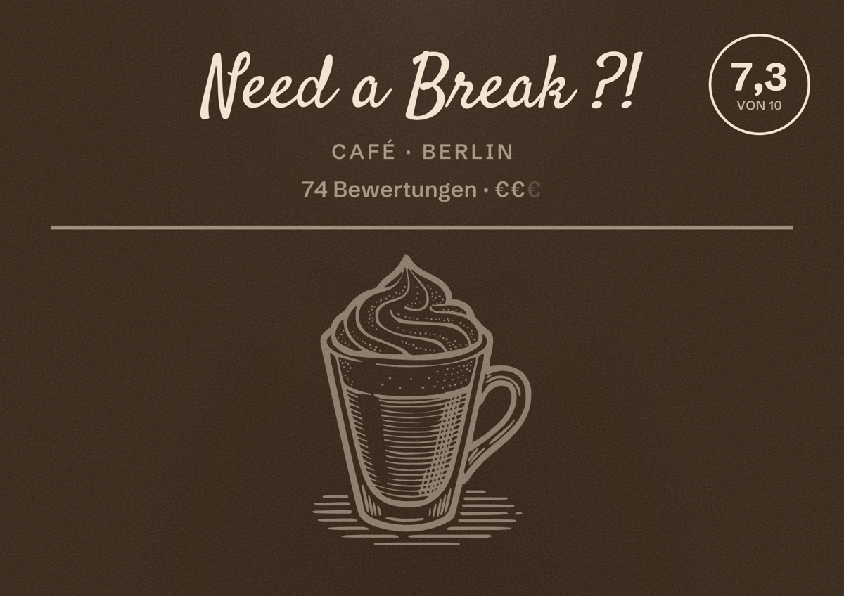Illustriertes Poster von Need a Break ?!, Café in Berlin: Bewertung 7,3 von 10 aus 74 Bewertungen, Preisniveau €€
