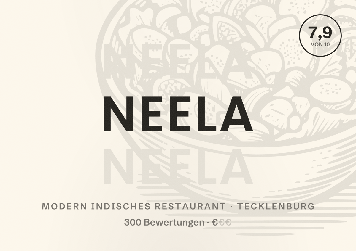 Illustriertes Poster von Neela, Modern indisches Restaurant in Tecklenburg: Bewertung 7,9 von 10 aus 300 Bewertungen, Preisniveau €