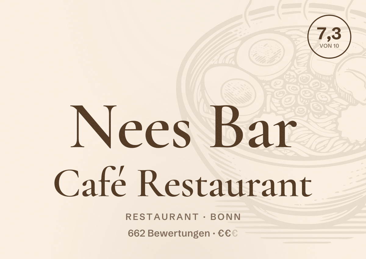 Illustriertes Poster von Nees Bar Café Restaurant, Restaurant in Bonn: Bewertung 7,3 von 10 aus 662 Bewertungen, Preisniveau €€