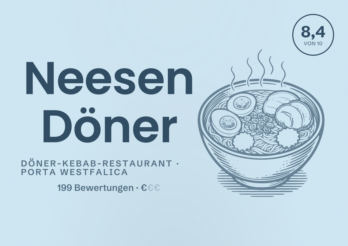 Illustriertes Poster von Neesen Döner, Döner-Kebab-Restaurant in Porta Westfalica: Bewertung 8,4 von 10 aus 199 Bewertungen, Preisniveau €