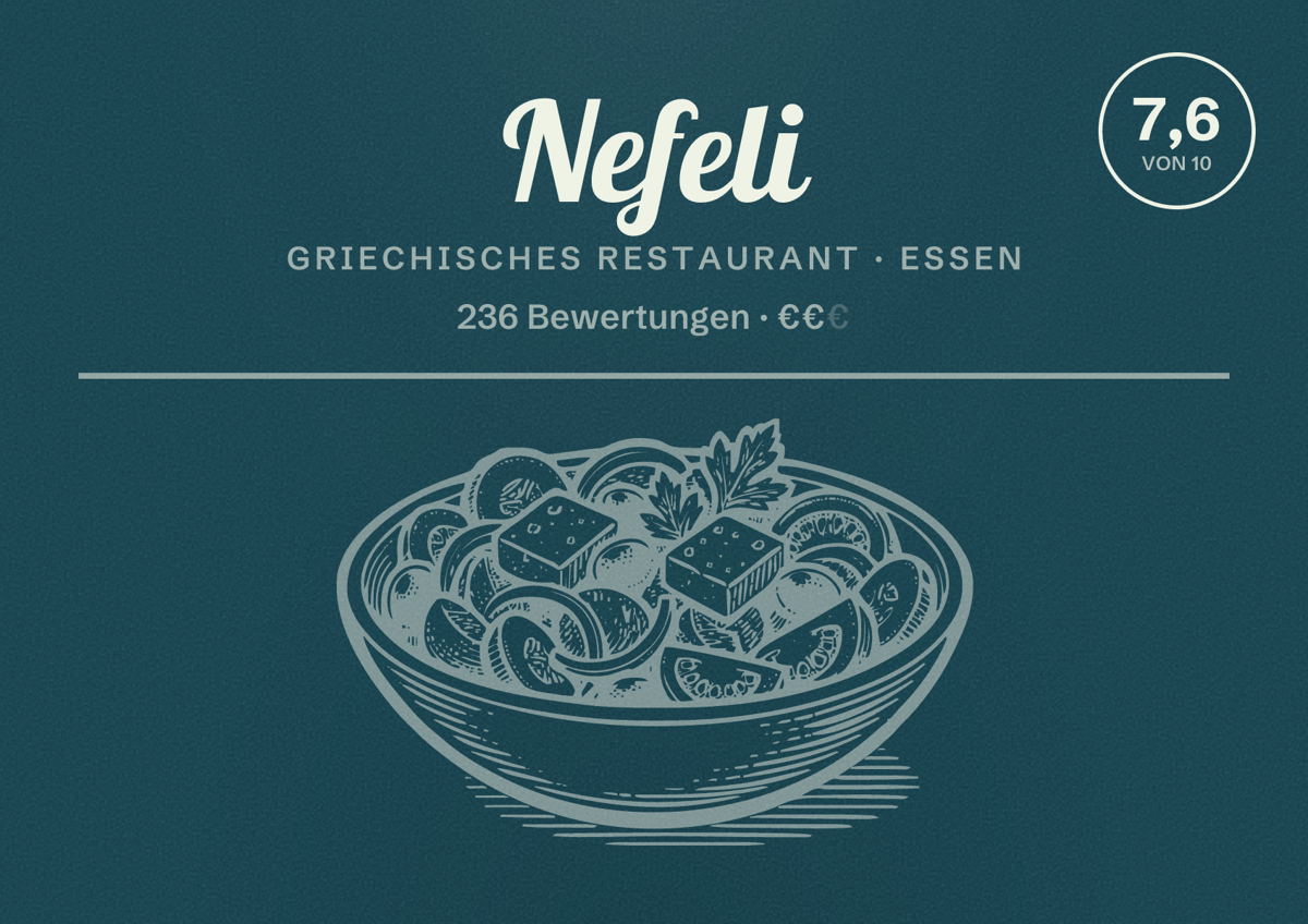 Illustriertes Poster von Nefeli, Griechisches Restaurant in Essen: Bewertung 7,6 von 10 aus 236 Bewertungen, Preisniveau €€