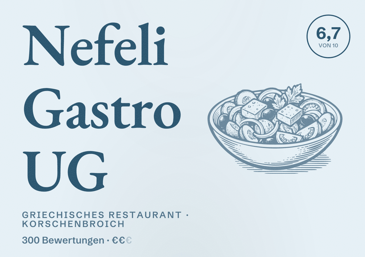 Illustriertes Poster von Nefeli Gastro UG, Griechisches Restaurant in Korschenbroich: Bewertung 6,7 von 10 aus 300 Bewertungen, Preisniveau €€