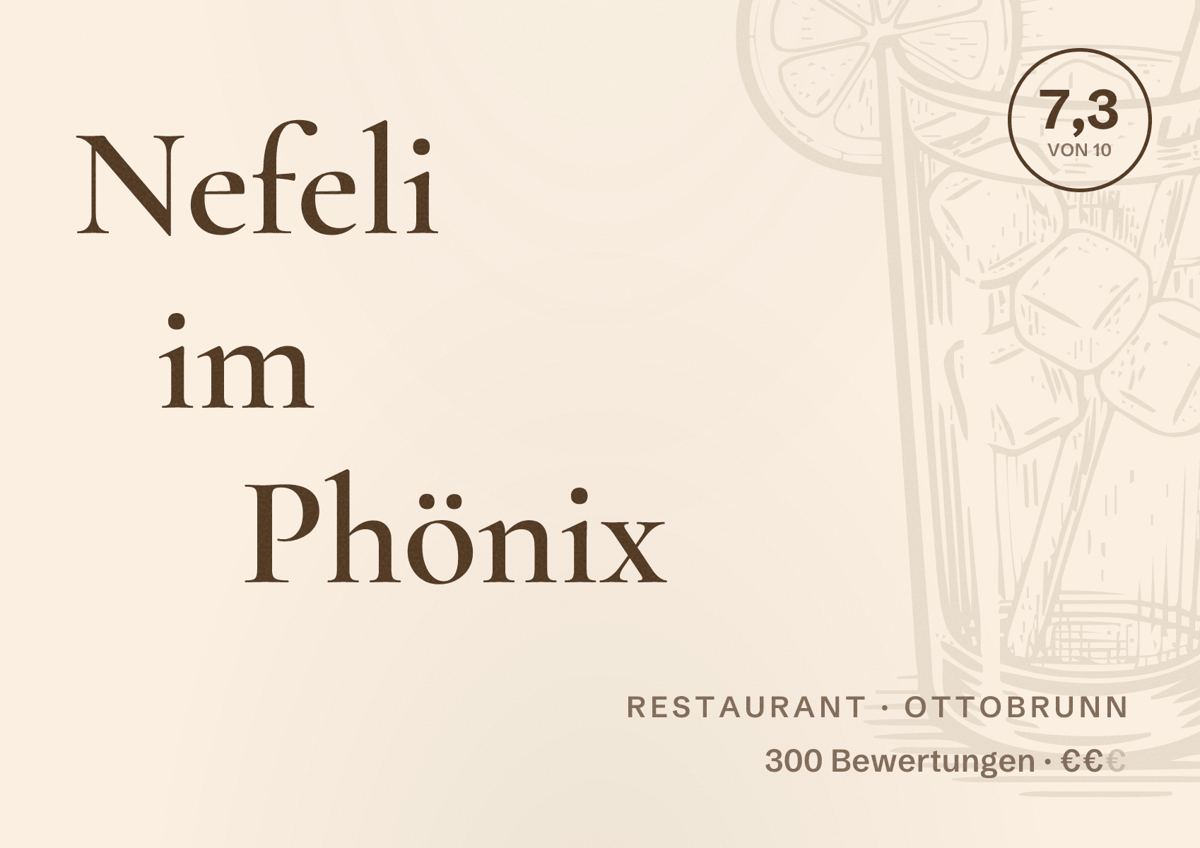 Illustriertes Poster von Nefeli im Phönix, Restaurant in Ottobrunn: Bewertung 7,3 von 10 aus 300 Bewertungen, Preisniveau €€