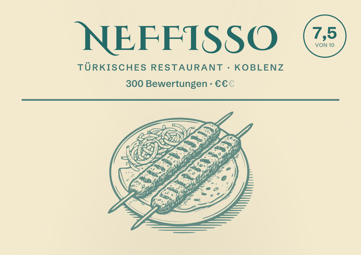 Illustriertes Poster von Neffisso, Türkisches Restaurant in Koblenz: Bewertung 7,5 von 10 aus 300 Bewertungen, Preisniveau €€