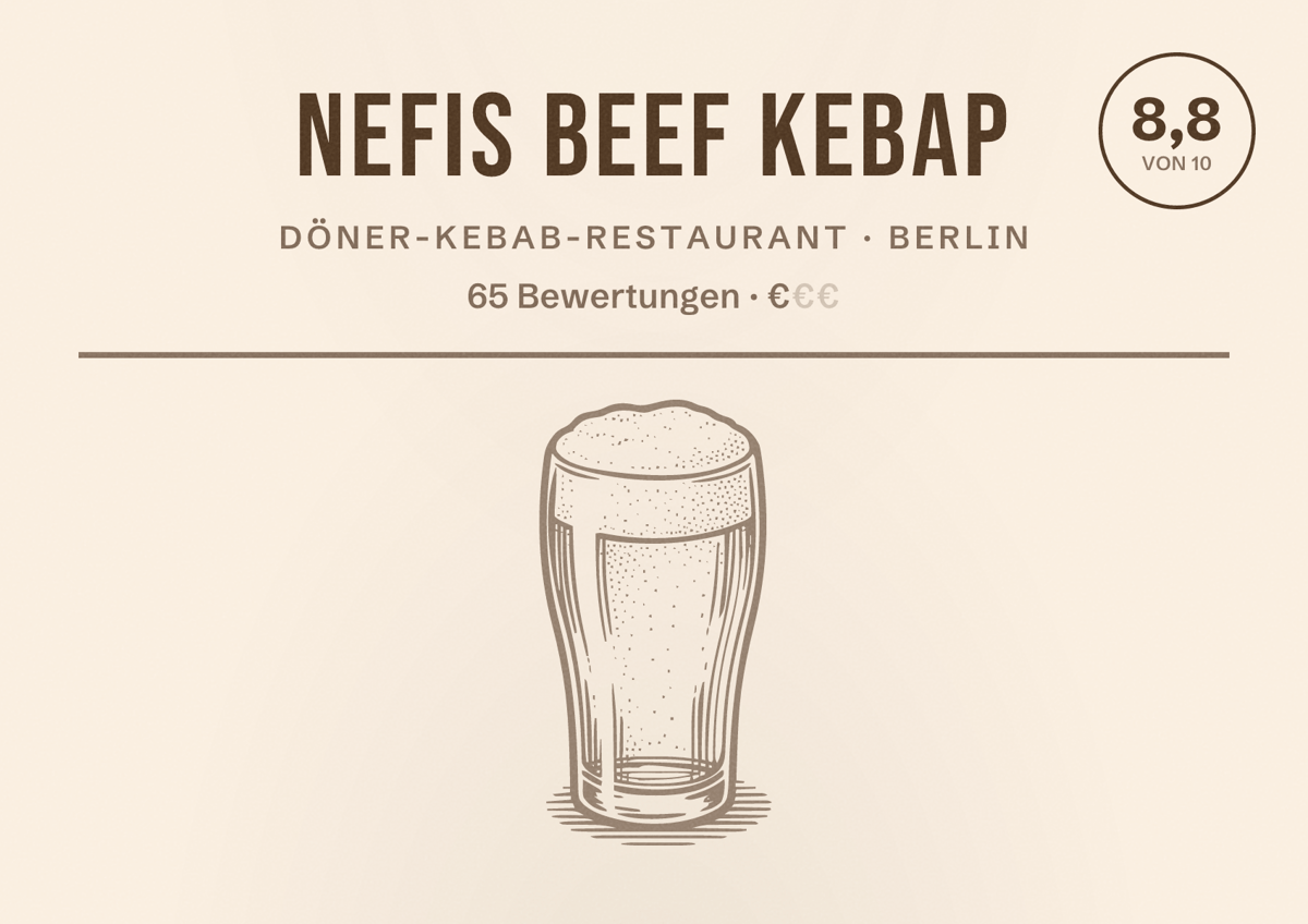 Illustriertes Poster von Nefis Beef Kebap, Döner-Kebab-Restaurant in Berlin: Bewertung 8,8 von 10 aus 65 Bewertungen, Preisniveau €