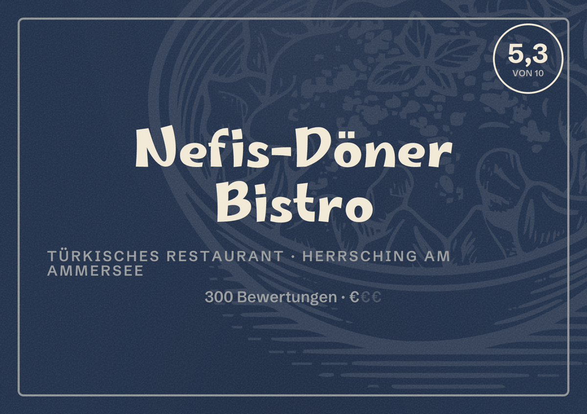 Illustriertes Poster von Nefis-Döner Bistro, Türkisches Restaurant in Herrsching am Ammersee: Bewertung 5,3 von 10 aus 300 Bewertungen, Preisniveau €
