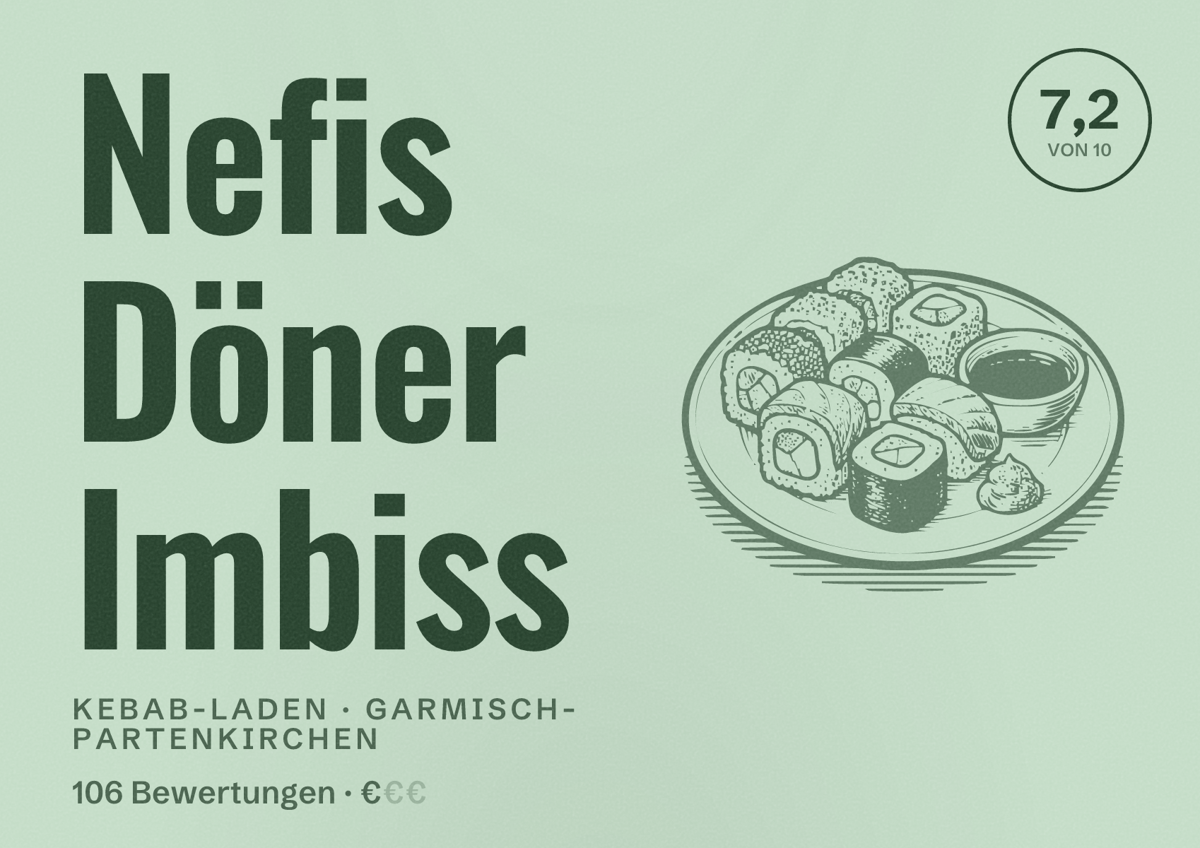 Illustriertes Poster von Nefis Döner Imbiss, Kebab-Laden in Garmisch-Partenkirchen: Bewertung 7,2 von 10 aus 106 Bewertungen, Preisniveau €