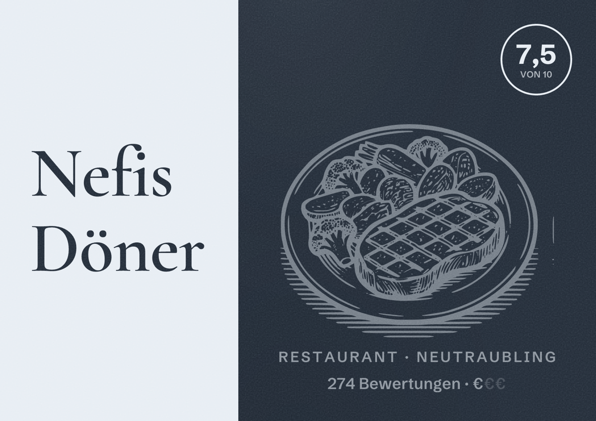 Illustriertes Poster von Nefis Döner, Restaurant in Neutraubling: Bewertung 7,5 von 10 aus 274 Bewertungen, Preisniveau €