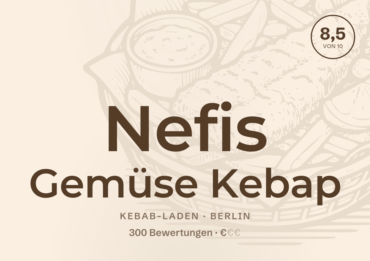 Illustriertes Poster von Nefis Gemüse Kebap, Kebab-Laden in Berlin: Bewertung 8,5 von 10 aus 300 Bewertungen, Preisniveau €
