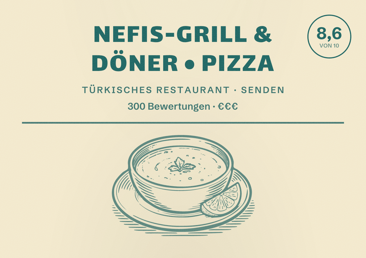 Illustriertes Poster von Nefis-Grill & Döner • Pizza, Türkisches Restaurant in Senden: Bewertung 8,6 von 10 aus 300 Bewertungen, Preisniveau €€€