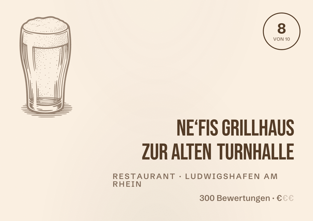 Illustriertes Poster von Ne‘fis Grillhaus zur Alten Turnhalle, Restaurant in Ludwigshafen am Rhein: Bewertung 8 von 10 aus 300 Bewertungen, Preisniveau €