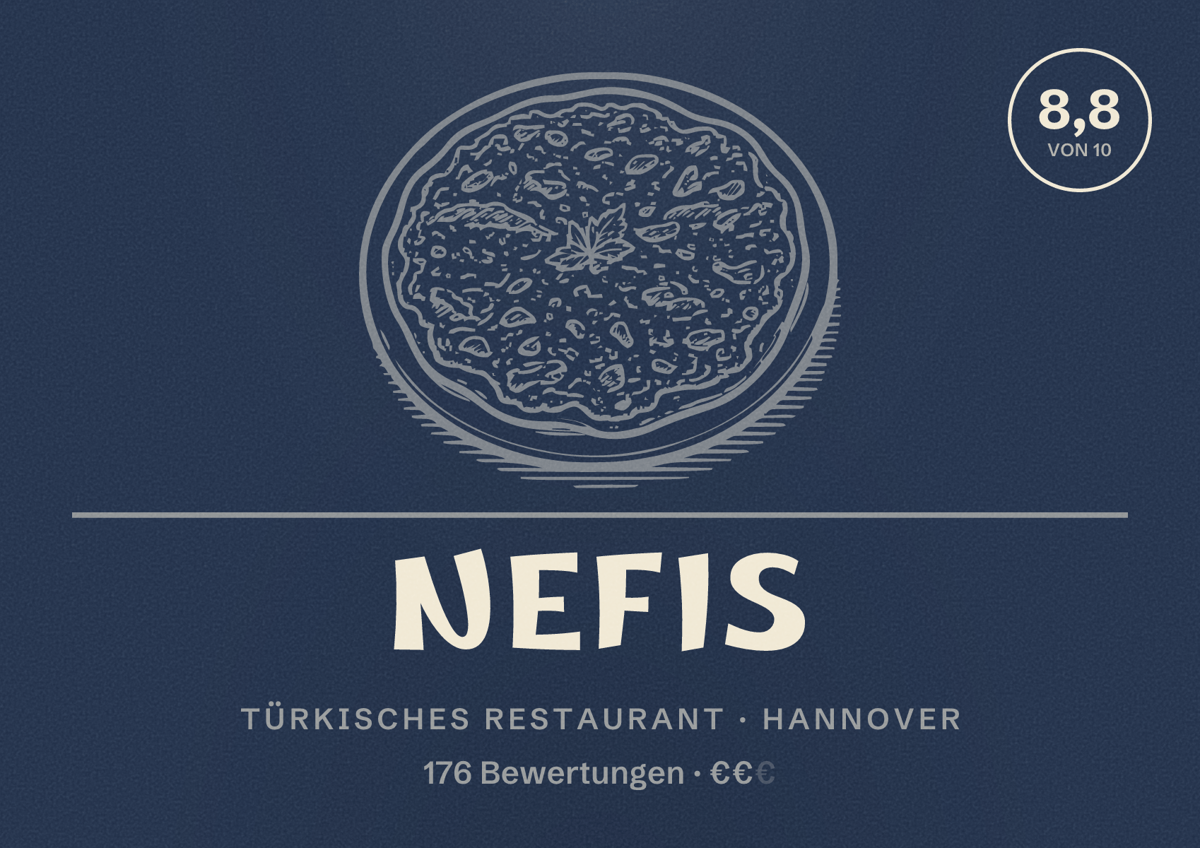Illustriertes Poster von Nefis, Türkisches Restaurant in Hannover: Bewertung 8,8 von 10 aus 176 Bewertungen, Preisniveau €€