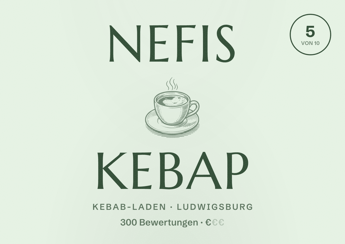 Illustriertes Poster von Nefis Kebap, Kebab-Laden in Ludwigsburg: Bewertung 5 von 10 aus 300 Bewertungen, Preisniveau €