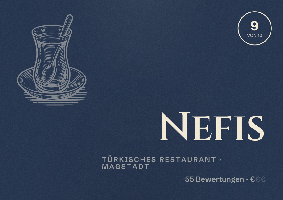 Illustriertes Poster von Nefis, Türkisches Restaurant in Magstadt: Bewertung 9 von 10 aus 55 Bewertungen, Preisniveau €