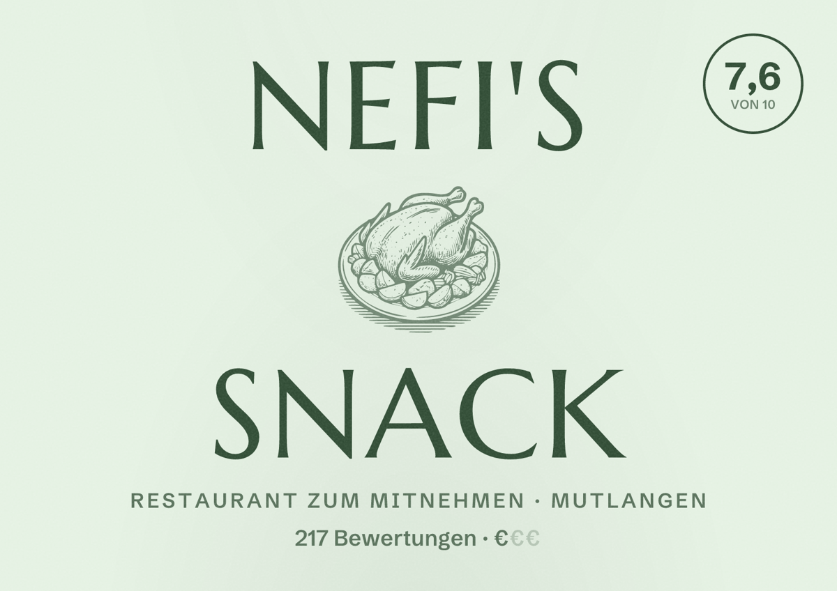 Illustriertes Poster von Nefi's Snack, Restaurant zum Mitnehmen in Mutlangen: Bewertung 7,6 von 10 aus 217 Bewertungen, Preisniveau €