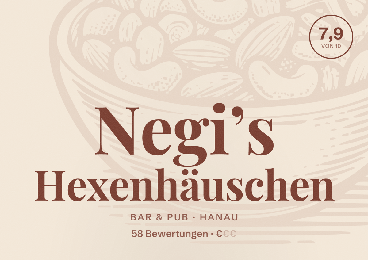 Illustriertes Poster von Negi’s Hexenhäuschen, Bar & Pub in Hanau: Bewertung 7,9 von 10 aus 58 Bewertungen, Preisniveau €