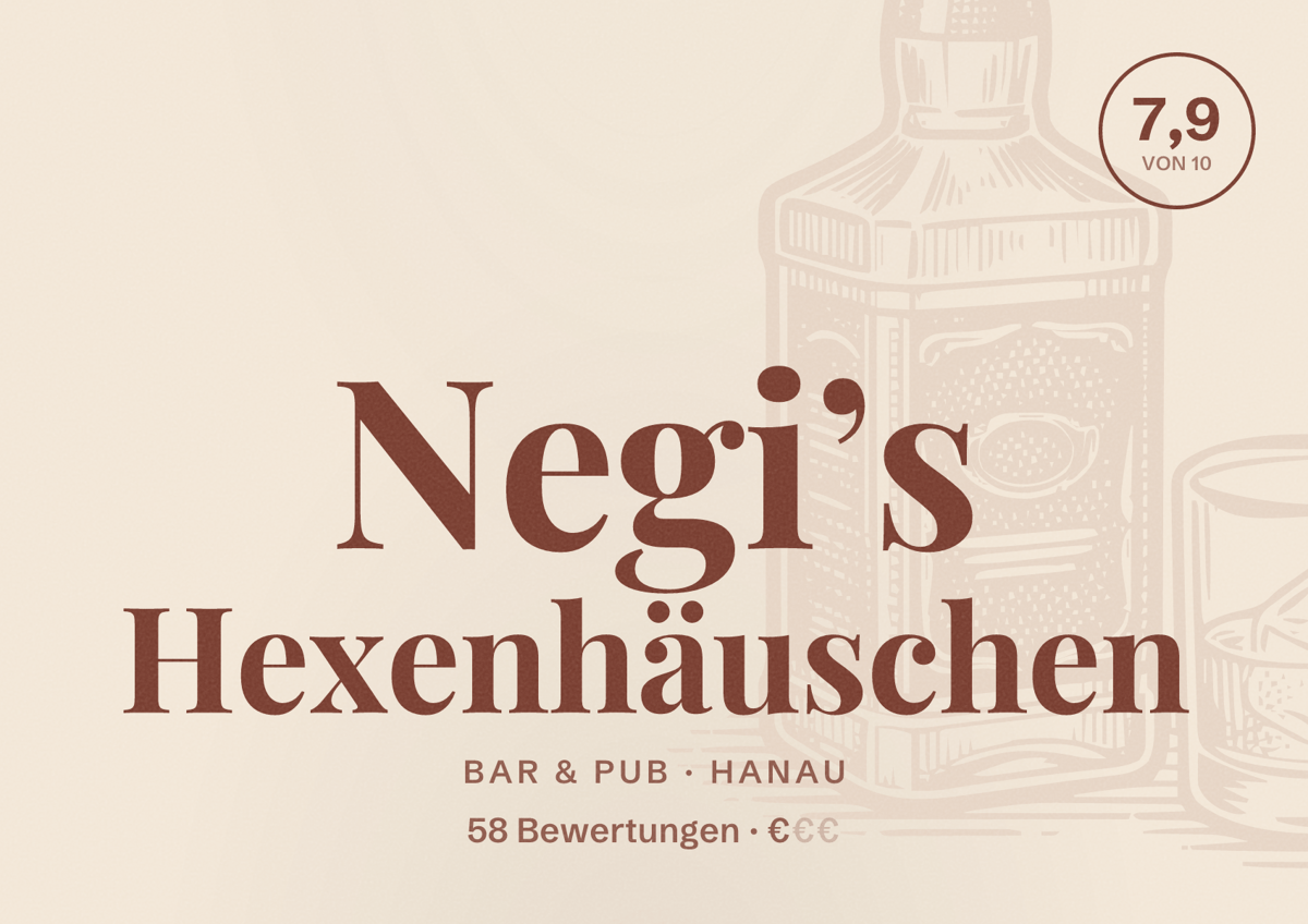 Illustriertes Poster von Negi’s Hexenhäuschen, Bar & Pub in Hanau: Bewertung 7,9 von 10 aus 58 Bewertungen, Preisniveau €