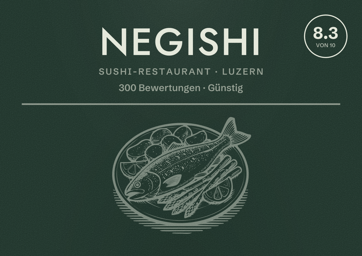 Illustriertes Poster von Negishi, Sushi-Restaurant in Luzern: Bewertung 8.3 von 10 aus 300 Bewertungen, Preisniveau Günstig