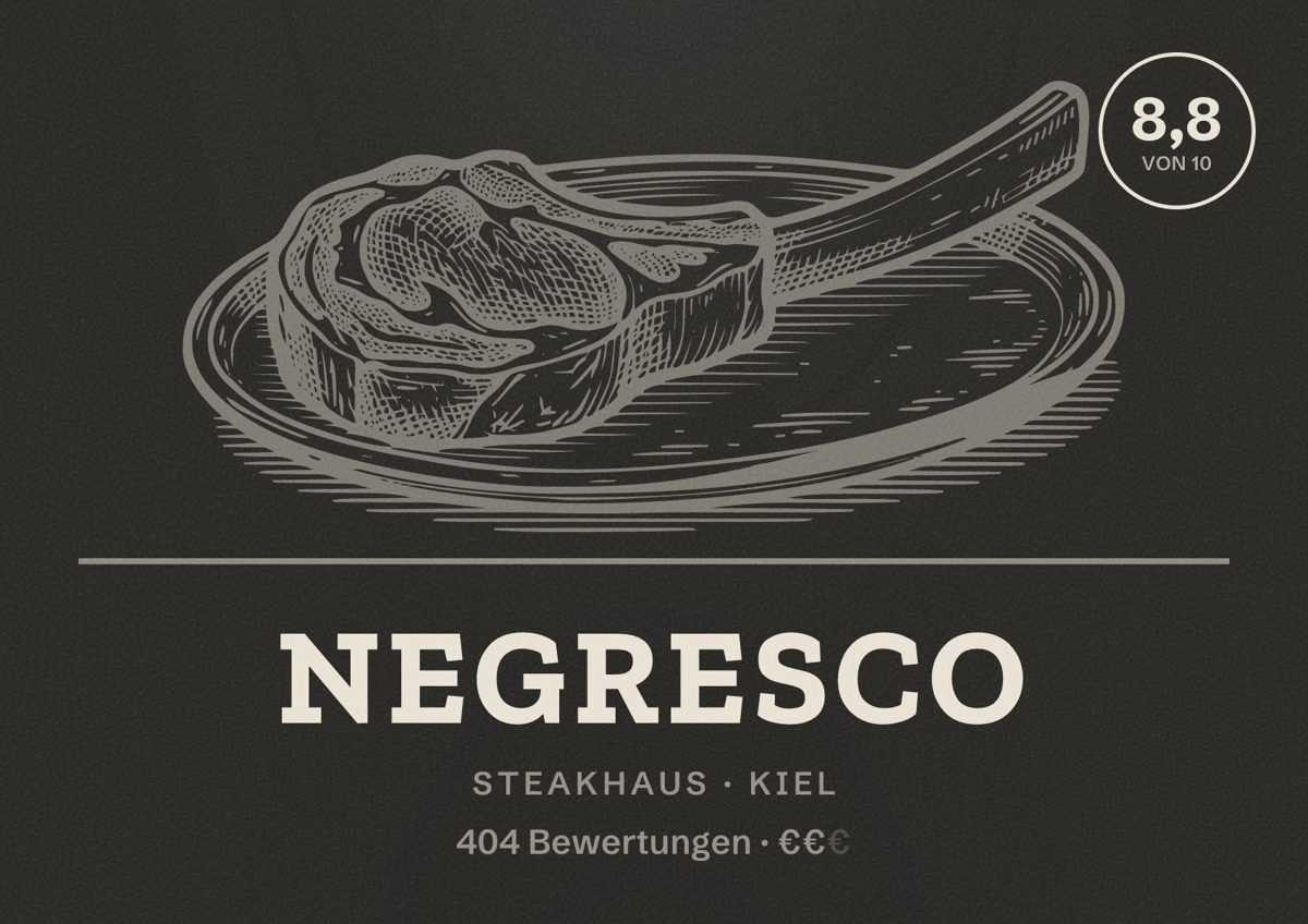 Illustriertes Poster von NEGRESCO, Steakhaus in Kiel: Bewertung 8,8 von 10 aus 404 Bewertungen, Preisniveau €€