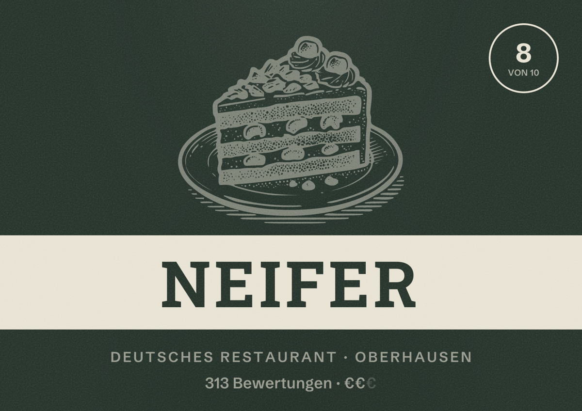 Illustriertes Poster von Neifer, Deutsches Restaurant in Oberhausen: Bewertung 8 von 10 aus 313 Bewertungen, Preisniveau €€
