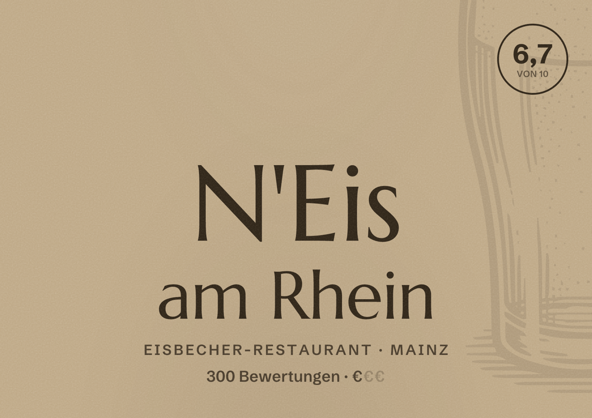 Illustriertes Poster von N'Eis am Rhein, Eisbecher-Restaurant in Mainz: Bewertung 6,7 von 10 aus 300 Bewertungen, Preisniveau €