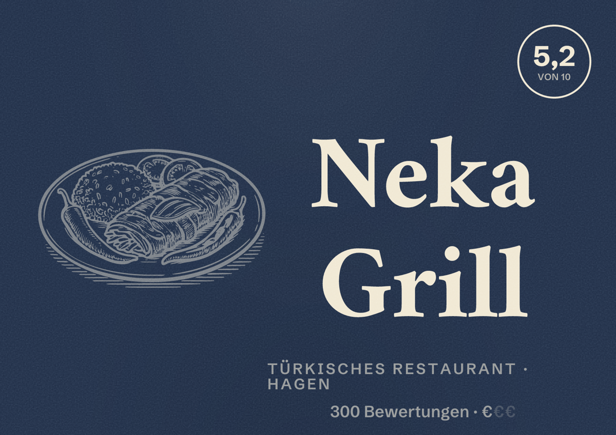 Illustriertes Poster von Neka Grill, Türkisches Restaurant in Hagen: Bewertung 5,2 von 10 aus 300 Bewertungen, Preisniveau €