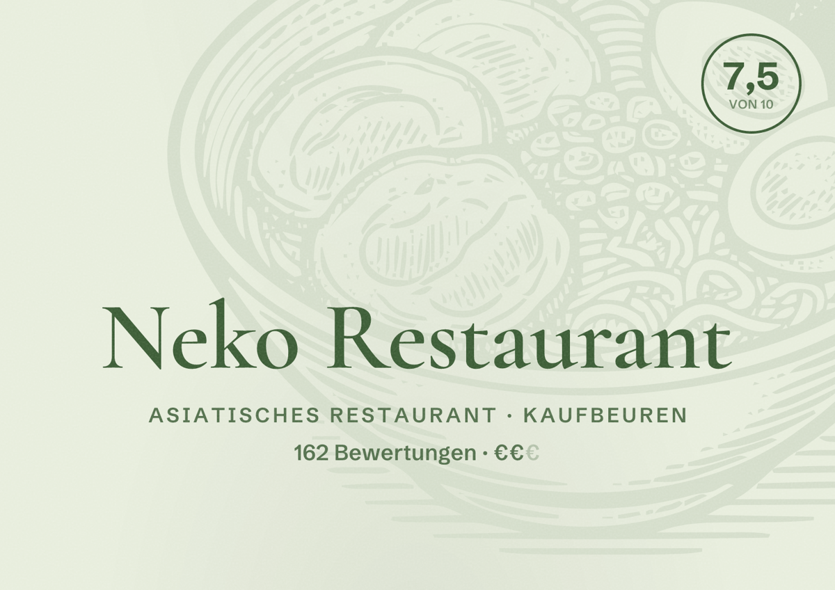 Illustriertes Poster von Neko Restaurant, Asiatisches Restaurant in Kaufbeuren: Bewertung 7,5 von 10 aus 162 Bewertungen, Preisniveau €€