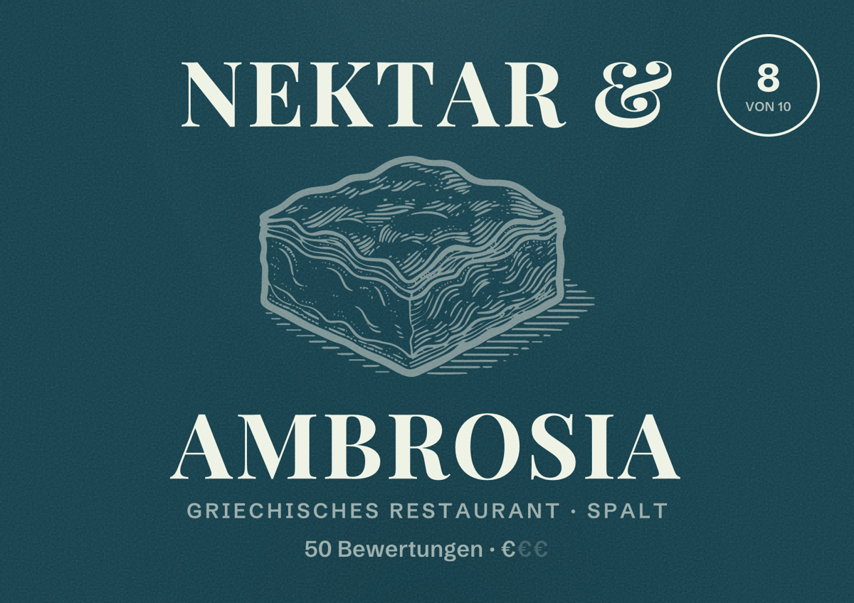 Illustriertes Poster von Nektar & Ambrosia, Griechisches Restaurant in Spalt: Bewertung 8 von 10 aus 50 Bewertungen, Preisniveau €