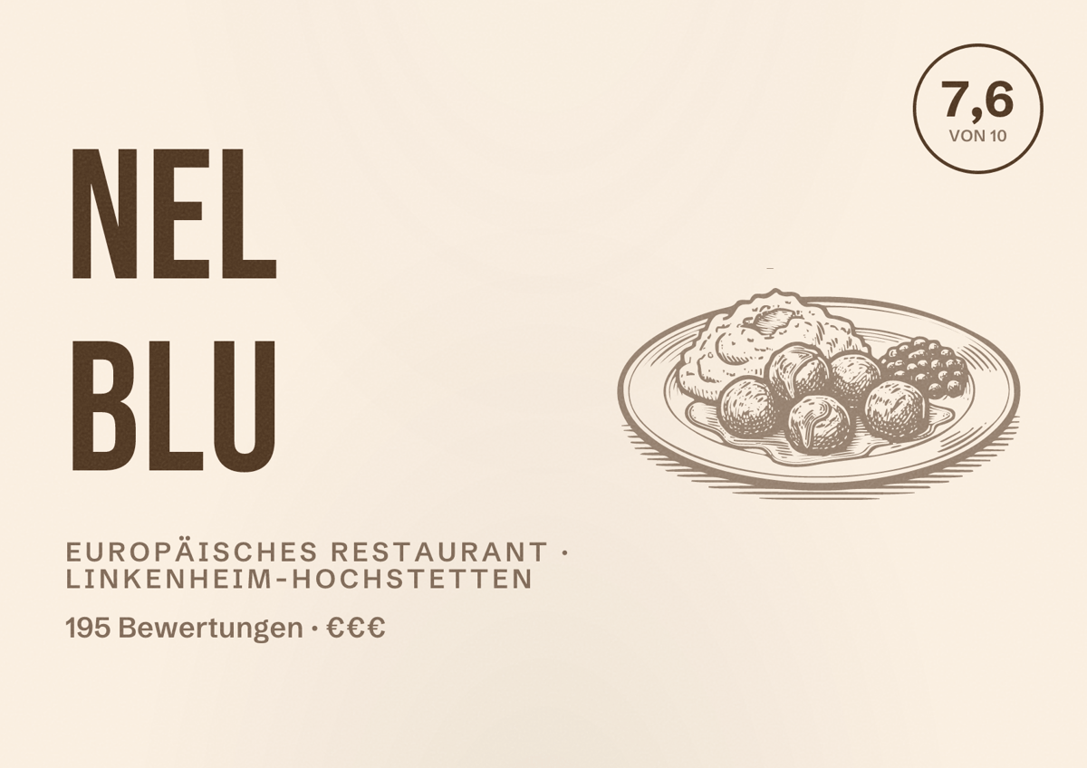 Illustriertes Poster von Nel Blu, Europäisches Restaurant in Linkenheim-Hochstetten: Bewertung 7,6 von 10 aus 195 Bewertungen, Preisniveau €€€