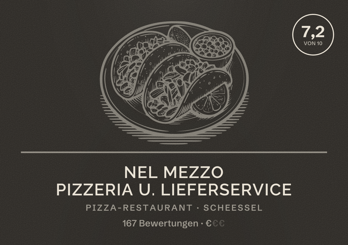 Illustriertes Poster von Nel Mezzo Pizzeria u. Lieferservice, Pizza-Restaurant in Scheeßel: Bewertung 7,2 von 10 aus 167 Bewertungen, Preisniveau €