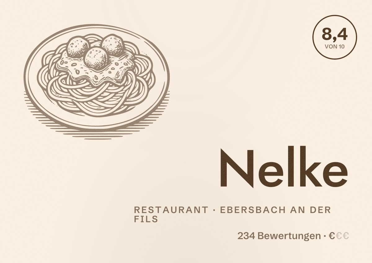 Illustriertes Poster von Nelke, Restaurant in Ebersbach an der Fils: Bewertung 8,4 von 10 aus 234 Bewertungen, Preisniveau €