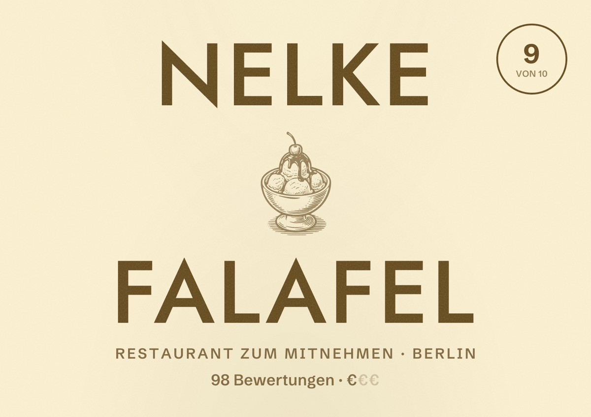 Illustriertes Poster von Nelke Falafel, Restaurant zum Mitnehmen in Berlin: Bewertung 9,0 von 10 aus 98 Bewertungen, Preisniveau €
