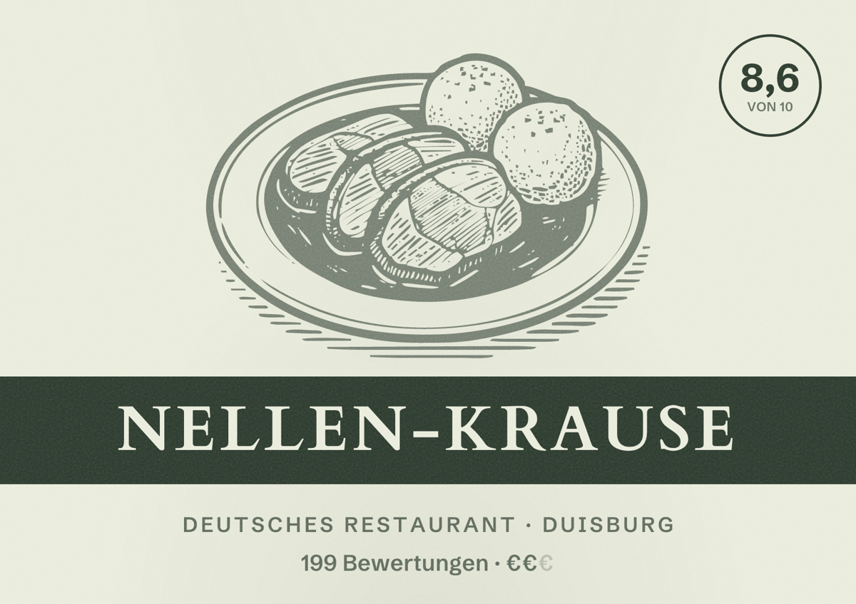 Illustriertes Poster von Nellen-Krause, Deutsches Restaurant in Duisburg: Bewertung 8,6 von 10 aus 199 Bewertungen, Preisniveau €€