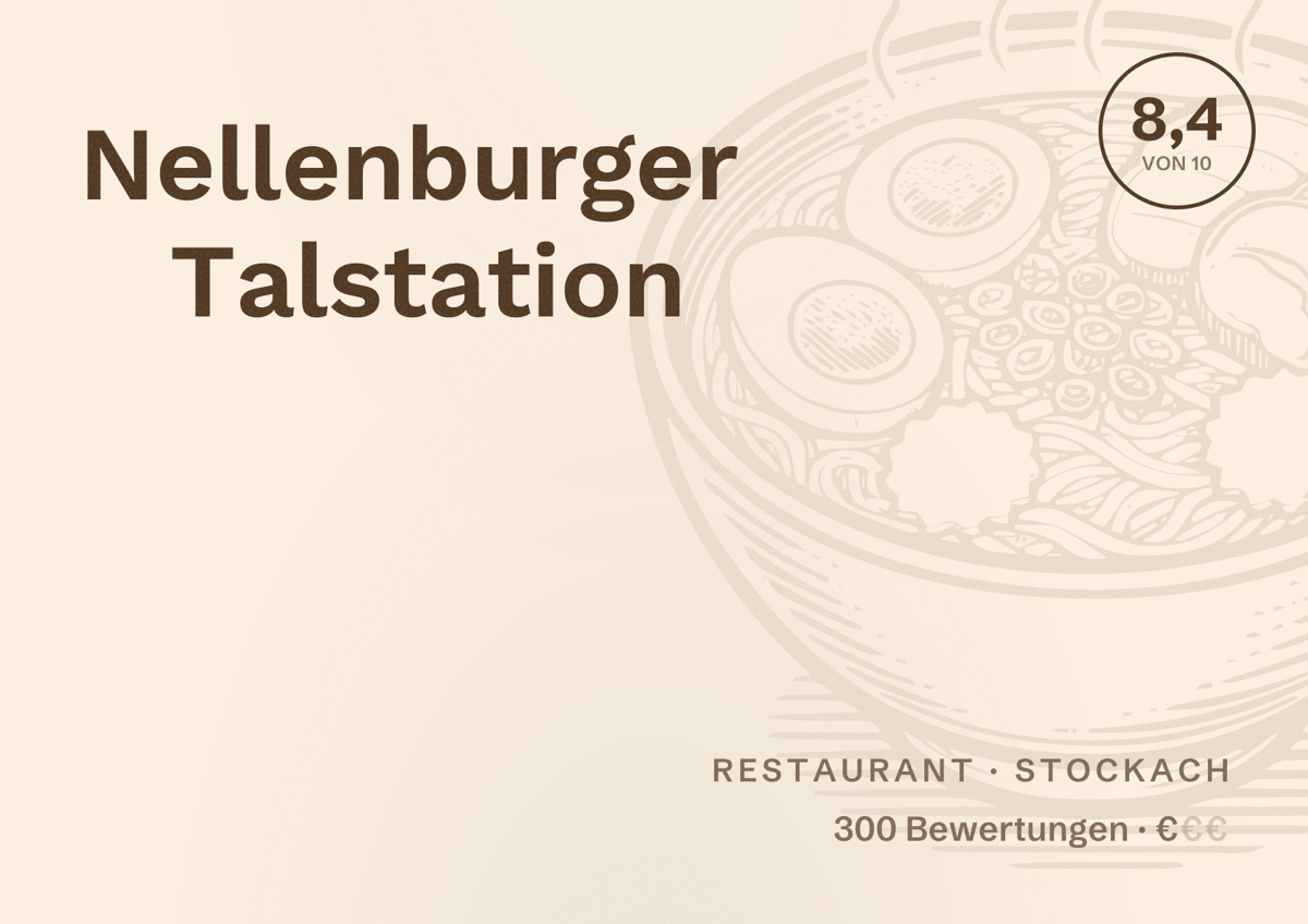 Illustriertes Poster von Nellenburger Talstation, Restaurant in Stockach: Bewertung 8,4 von 10 aus 300 Bewertungen, Preisniveau €