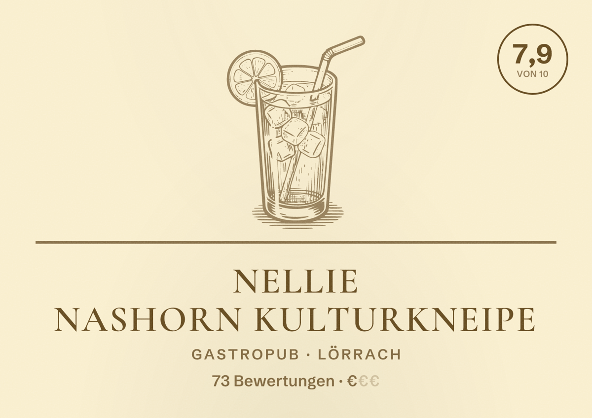Illustriertes Poster von Nellie Nashorn Kulturkneipe, Gastropub in Lörrach: Bewertung 7,9 von 10 aus 73 Bewertungen, Preisniveau €