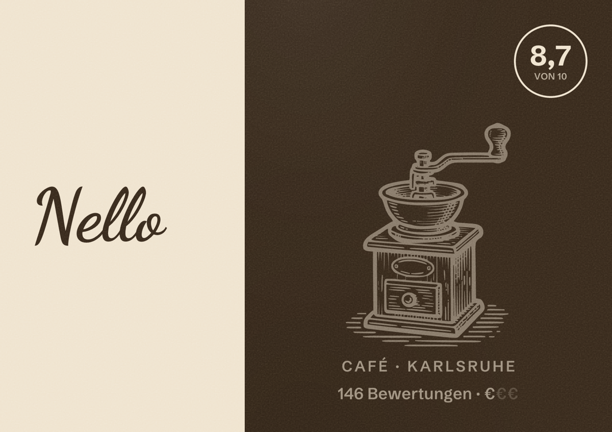 Illustriertes Poster von Nello, Café in Karlsruhe: Bewertung 8,7 von 10 aus 146 Bewertungen, Preisniveau €