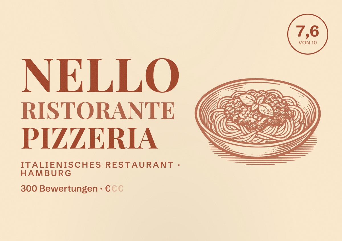 Illustriertes Poster von Nello Ristorante Pizzeria, Italienisches Restaurant in Hamburg: Bewertung 7,6 von 10 aus 300 Bewertungen, Preisniveau €